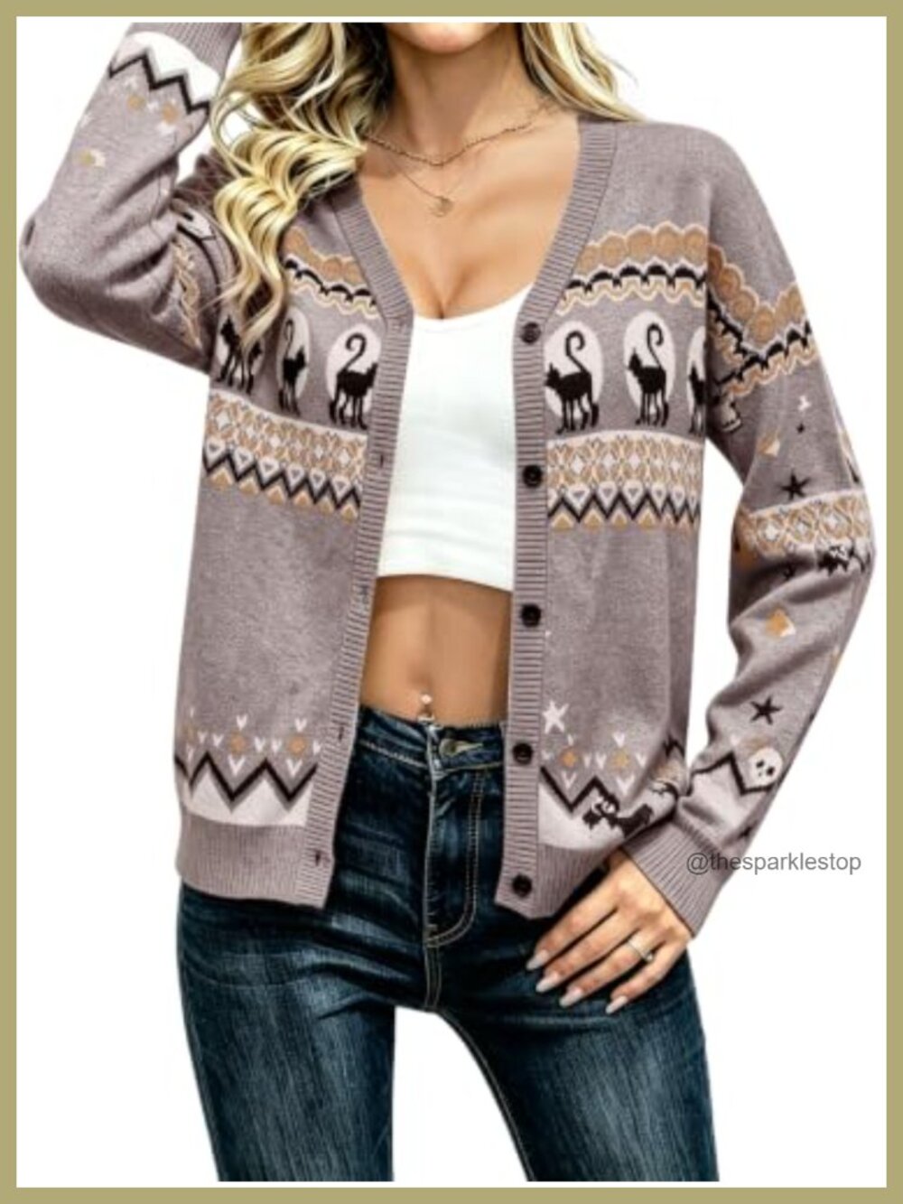 Black Cat Cardigan Sweater Women V-Neck Button Down Knit Halloween